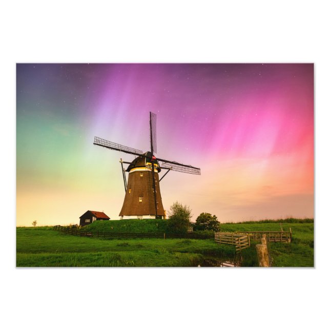 Traditional windmill under the Northern Lights Photo Print (Front)