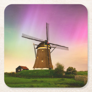 Traditional windmill under the Northern Lights Square Paper Coaster