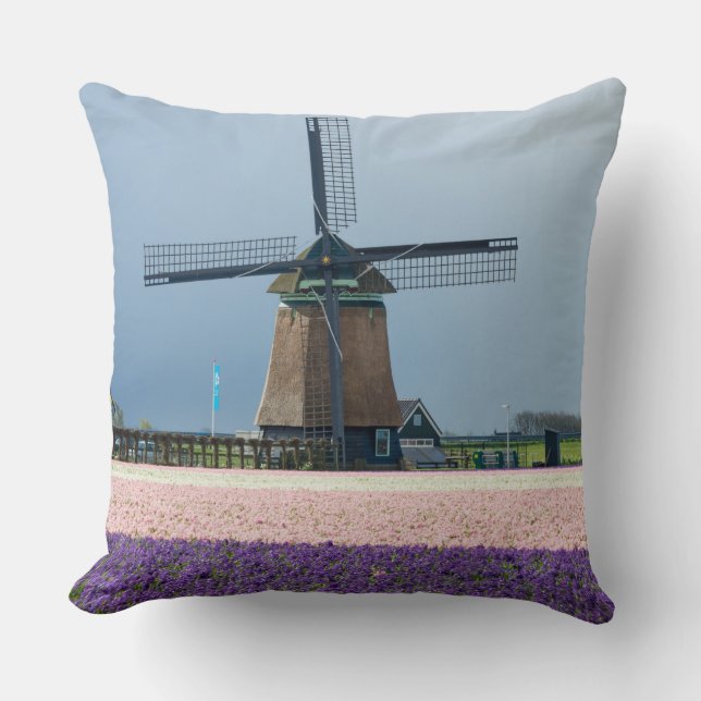 Traditional windmill with pink and purple flowers cushion (Front)