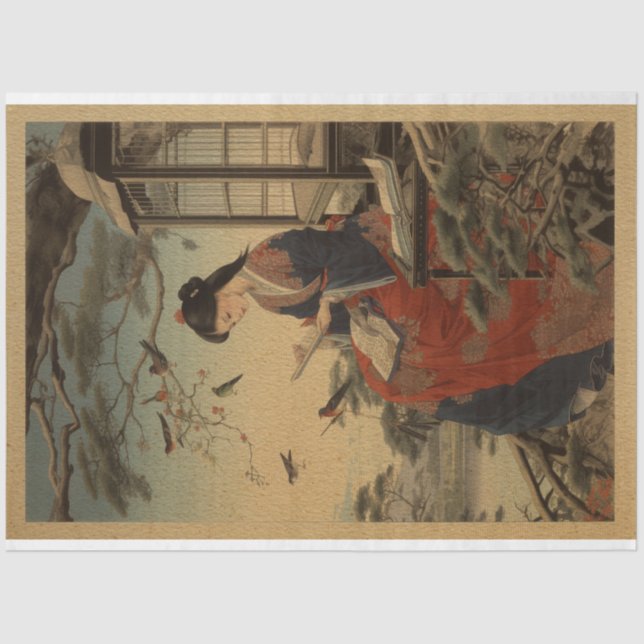 Traditional Woodblock Japan Girl With Book Tissue Paper (Front)