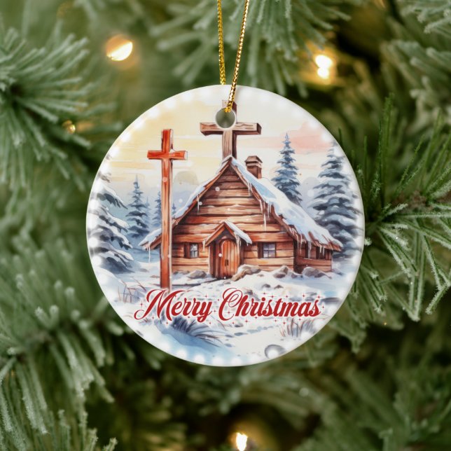Traditional wooden Christian church festive lights Ceramic Ornament (Tree)