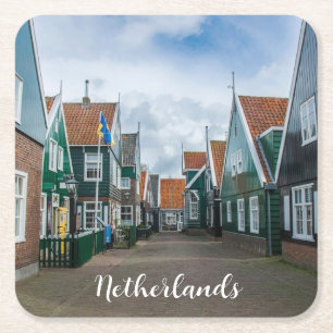 Traditional wooden houses in Marken village Square Paper Coaster