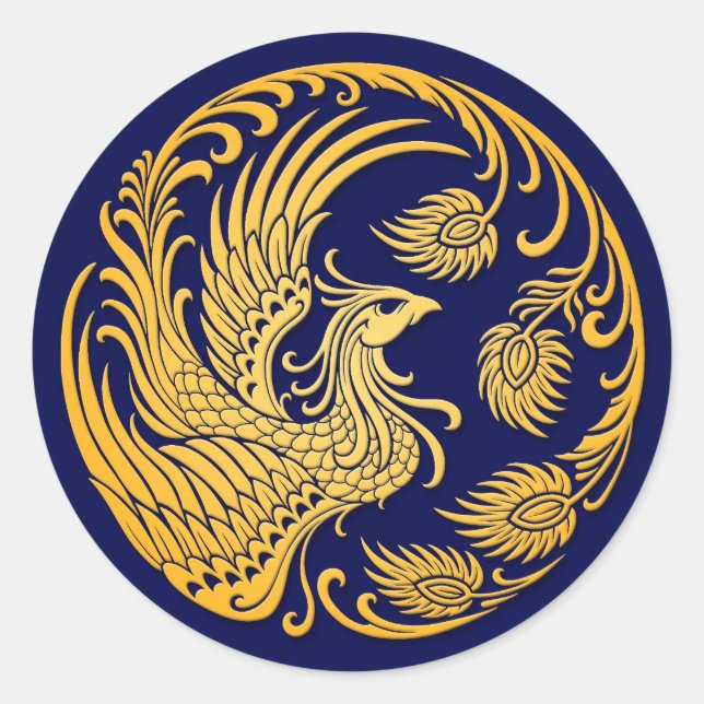 Traditional Yellow Phoenix Circle on Blue Classic Round Sticker (Front)