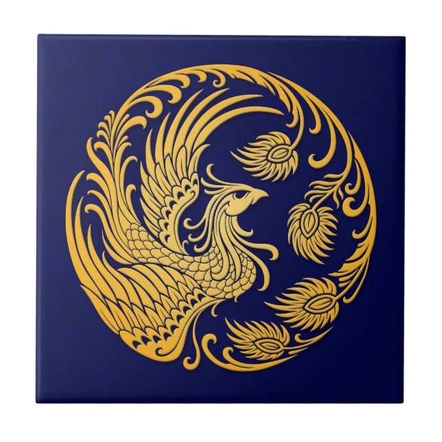 Traditional Yellow Phoenix Circle on Blue Tile (Front)