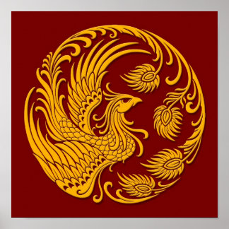 Traditional Yellow Phoenix Circle on Red Poster