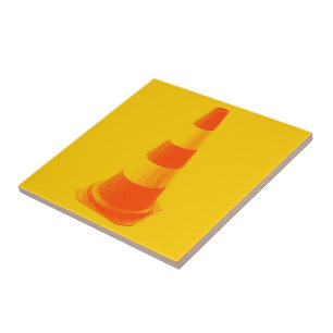 Traffic Cone with Yellow Stripes Ceramic Tile
