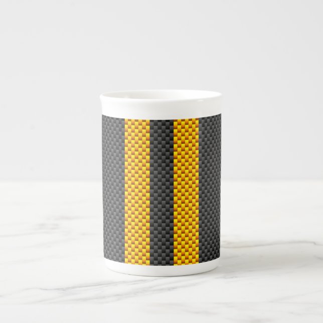 Traffic Yellow Racing Stripes Carbon Fibre Style Bone China Mug (Front)