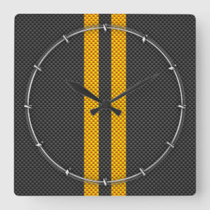 Traffic Yellow Racing Stripes Carbon Fibre Style Square Wall Clock