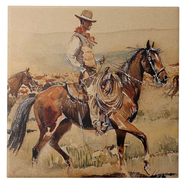 “Trail Drive”  2 Western Art by Edward Borein Ceramic Tile (Front)