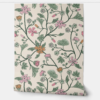Trailing Floral - Mallow - Malva - Sage Green and  Wallpaper