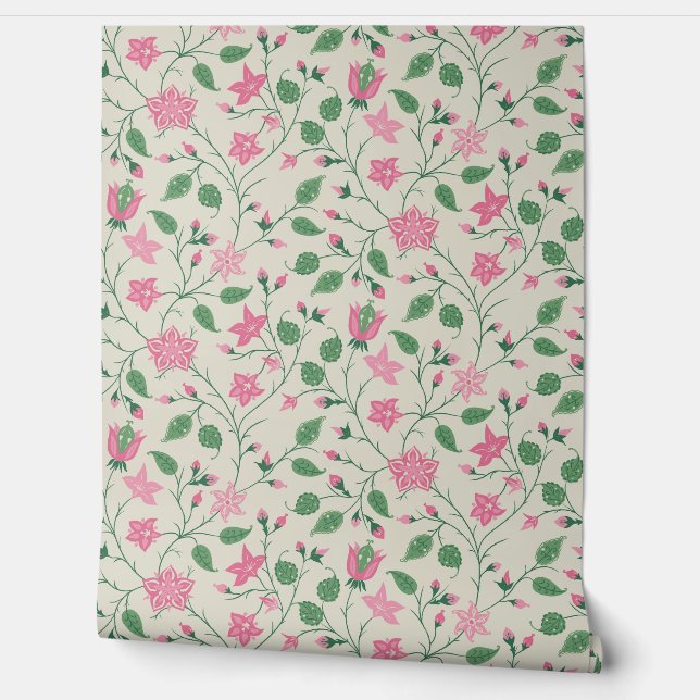 Trailing Floral - Paisley - Bright Pink And Green  Wallpaper (Unrolling)