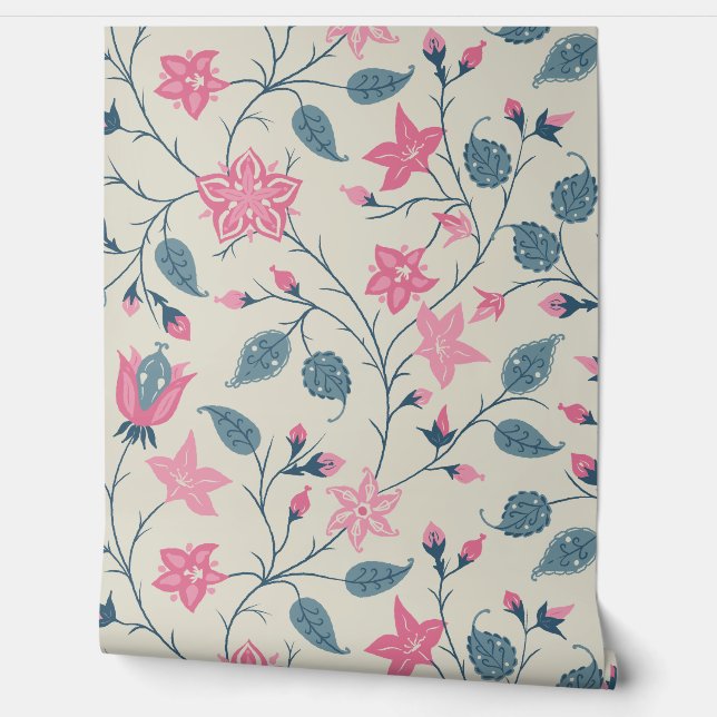 Trailing Floral - Paisley - Soft Pink & Dusty Blue Wallpaper (Unrolling)