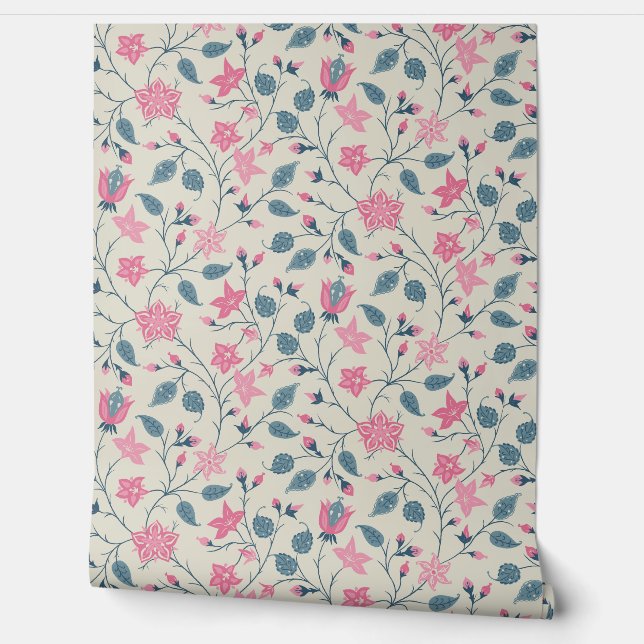 Trailing Floral - Paisley - Soft Pink & Dusty Blue Wallpaper (Unrolling)