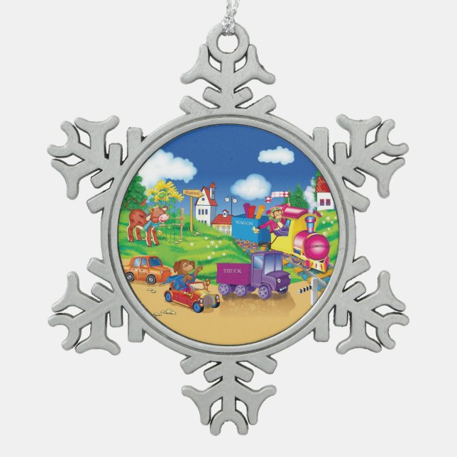 train and car snowflake pewter christmas ornament (Front)