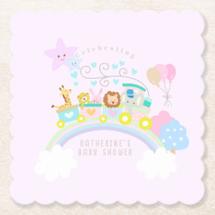 Train Animals Baby Pastel Pink Paper Coaster