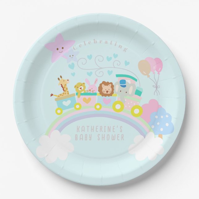 Train Animals Blue Paper Plate (Front)