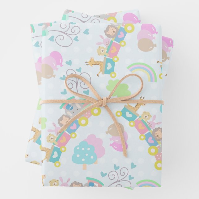 Train Animals Blue Wrapping Paper Sheet (In situ)