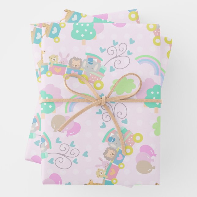 Train Animals Pink Wrapping Paper Sheet (In situ)