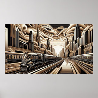 Train Art Deco Style gold copper black white Poster