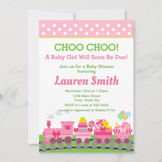 Train Baby Shower Invitation Baby Girl Train (Front)