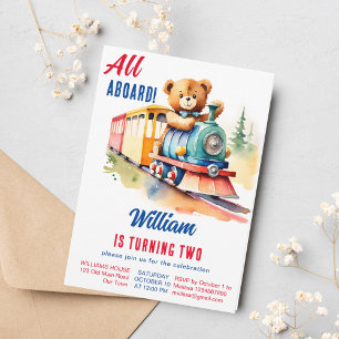 Train birthday cute teddy bear driving toy train invitation