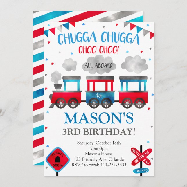 Train Birthday Invitation, Train Invite (Front/Back)