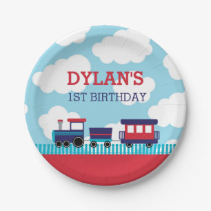 Train Birthday Paper Plates (Navy & Red)