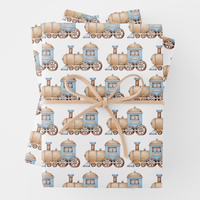 Train Birthday Party Baby Shower Wrapping Paper Sheet (In situ)
