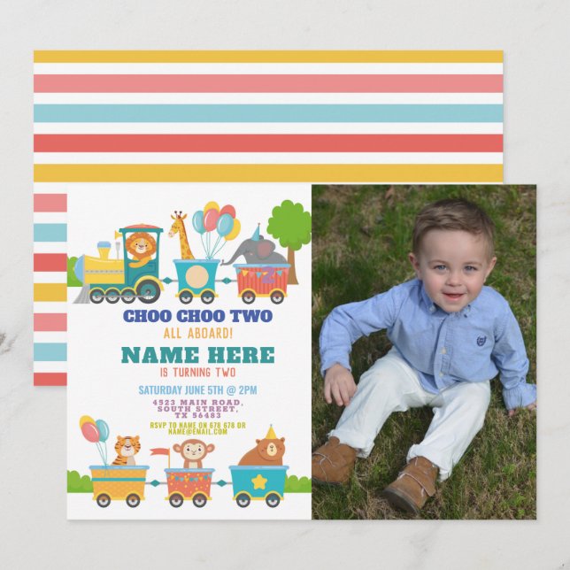 Train Birthday Party Choo Two Animal Photo Invitation (Front/Back)