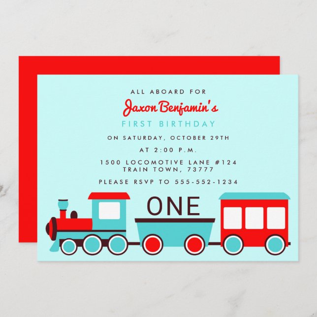 Train Birthday Party Red and Blue Invitation (Front/Back)