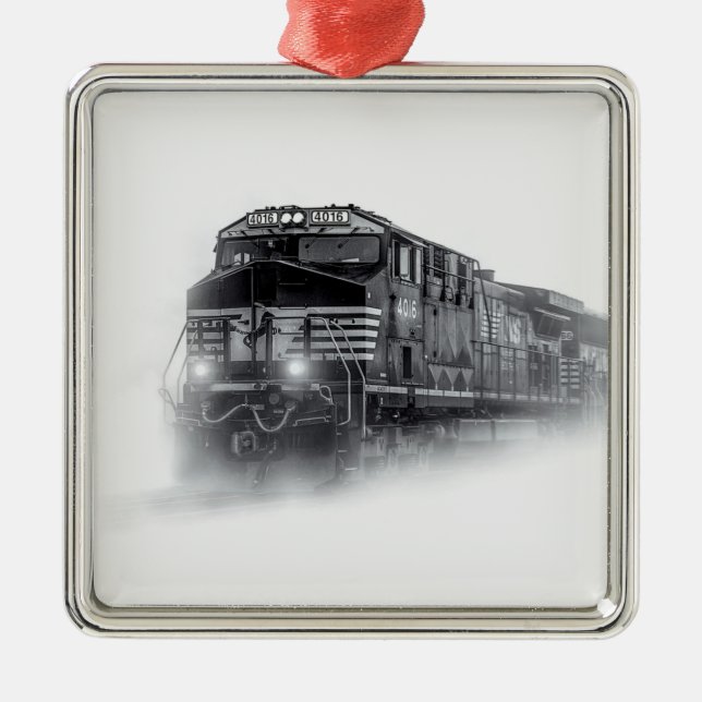 Train Black and White train tracks Metal Ornament (Front)
