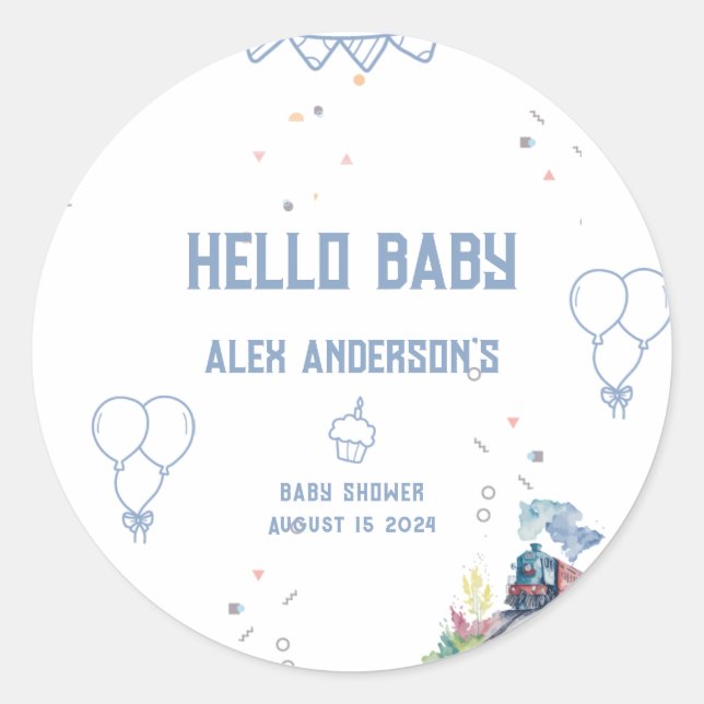 Train Blue Balloons Boy Whimsical Baby Shower Classic Round Sticker (Front)