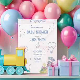 Train Blue Balloons Boy Whimsical Baby Shower Invitation