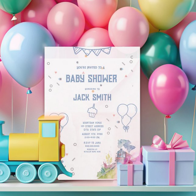 Train Blue Balloons Boy Whimsical Baby Shower Invitation (Creator Uploaded)