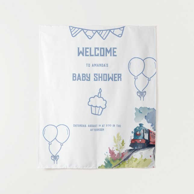 Train Blue Balloons Boy Whimsical Baby Shower Tapestry (Front)