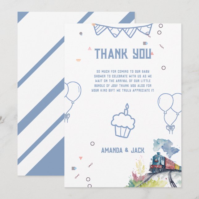 Train Blue Balloons Boy Whimsical Baby Shower Thank You Card (Front/Back)