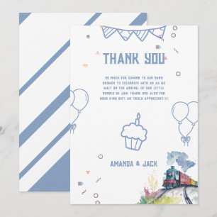 Train Blue Balloons Boy Whimsical Baby Shower Thank You Card