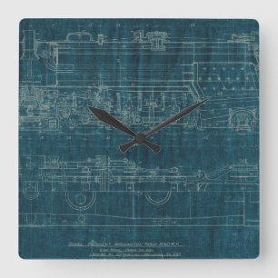Train Blueprint I Square Wall Clock