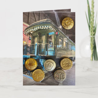 Train button railroad postcard