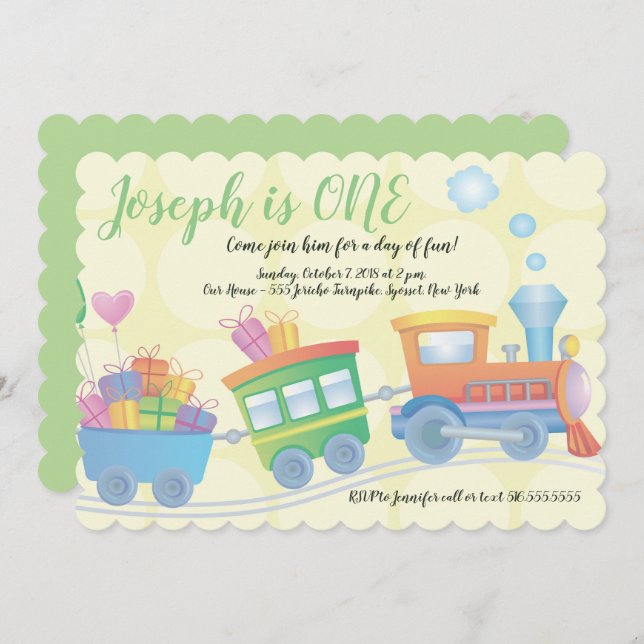 Train Caboose Yellow Green First Birthday Invitation (Front/Back)