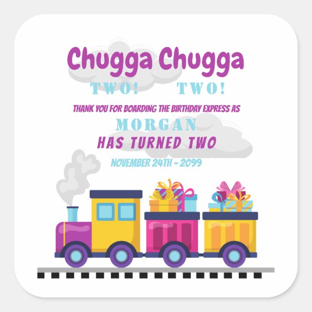 Train Chugga Choo Cartoon Second Birthday  Square Sticker (Front)
