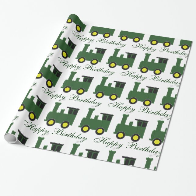 Train Design Birthday Wrapping Paper (Unrolled)