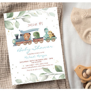 Train Dinosaurs Drive By Baby Shower Invitation