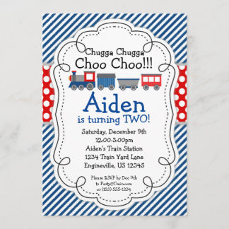 Train Engine, Blue Stripes Red Polka Dot Birthday Invitation