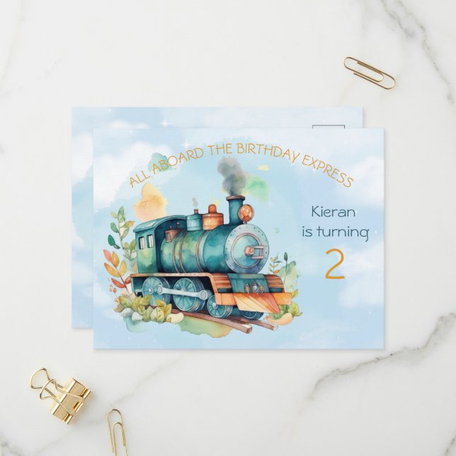 Train Engine Boy 2nd. Birthday Invitation postcard (Front/Back In Situ)