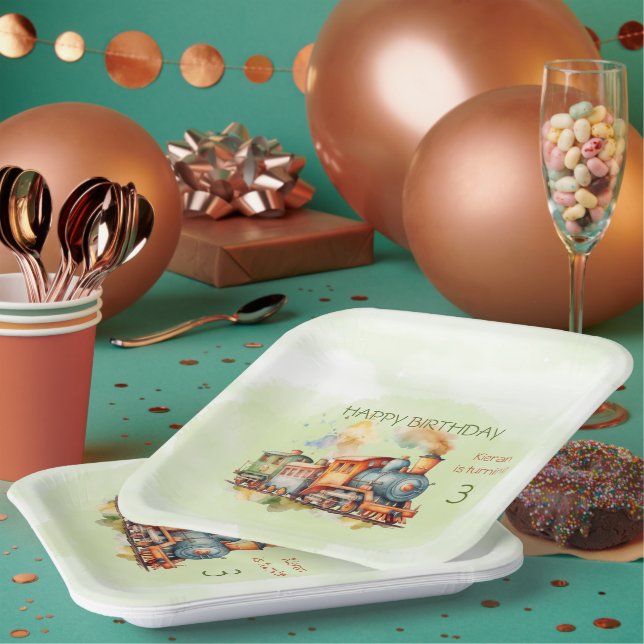 Train Engine Boy 3rd.  Birthday Paper Plate (Multi)