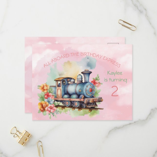 Train Engine Girl 2nd Birthday Invitation postcard (Front/Back In Situ)