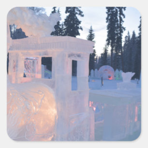 train engine Ice sculpture winter frozen snow art Square Sticker