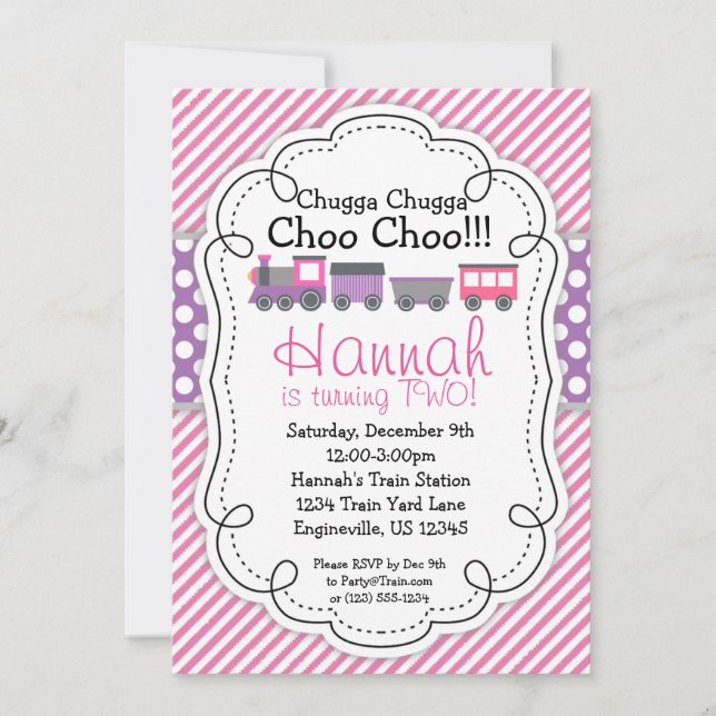 Train Engine Pink Stripe Purple Polka Dot Birthday Invitation (Front)