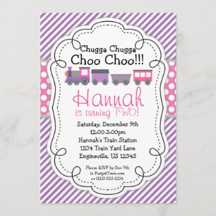 Train Engine Purple Stripe Pink Polka Dot Birthday Invitation